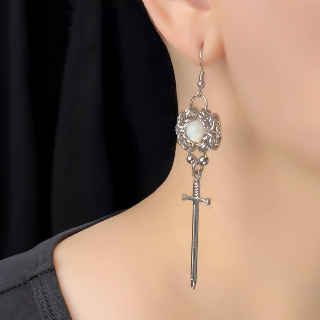 Destiny Shell Bead Chainmail Sword Earring