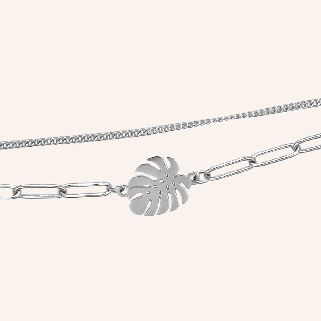 Kristian Monstera Leaf Layered Chain Bracelet - Silver