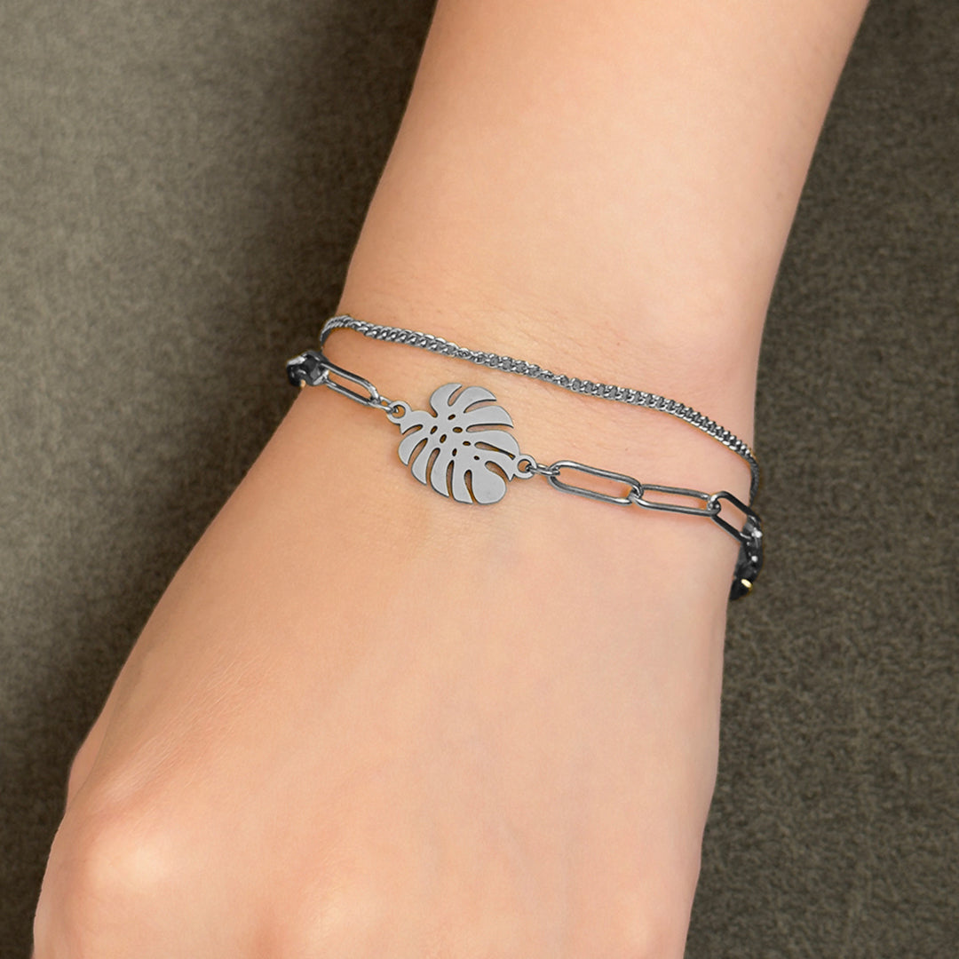 Kristian Monstera Leaf Layered Chain Bracelet - Silver