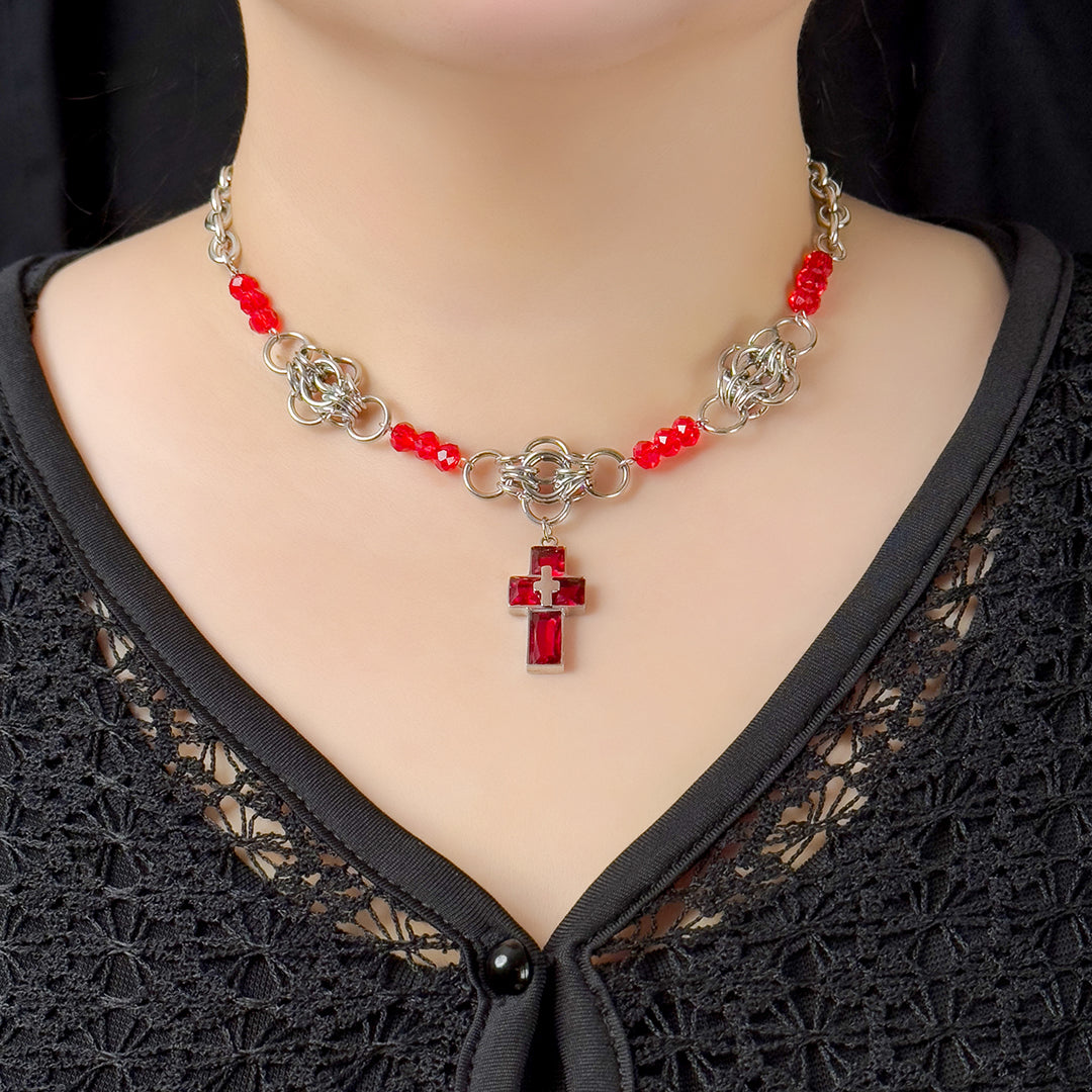Len Chainmail Red Cross Necklace