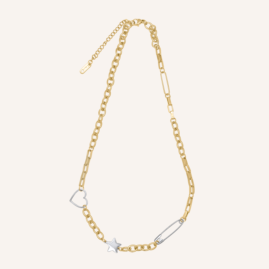 Nes Duo Tone Love Star and Pin Hybrid Necklace