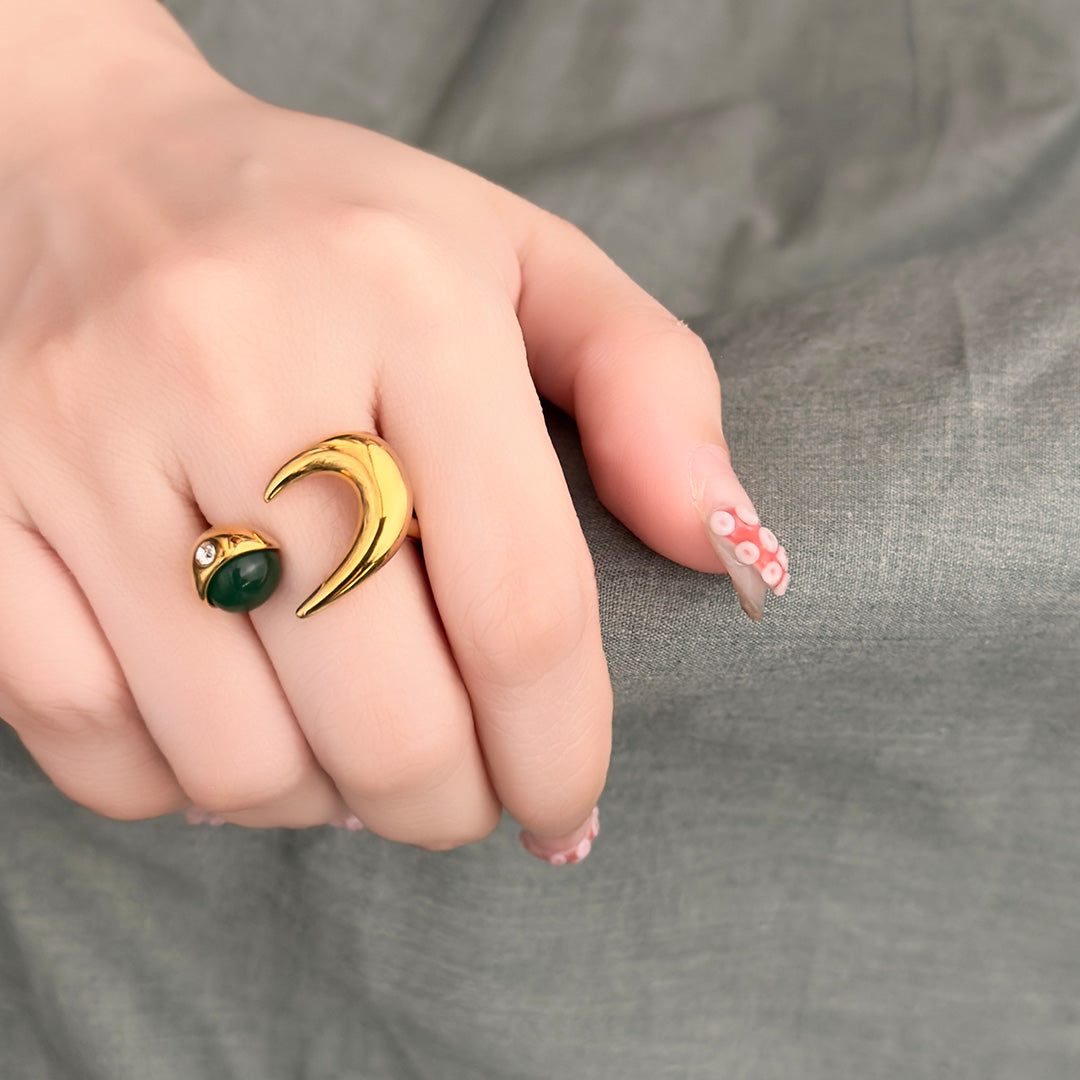 Noreen Green Glass Moon Ring - Gold