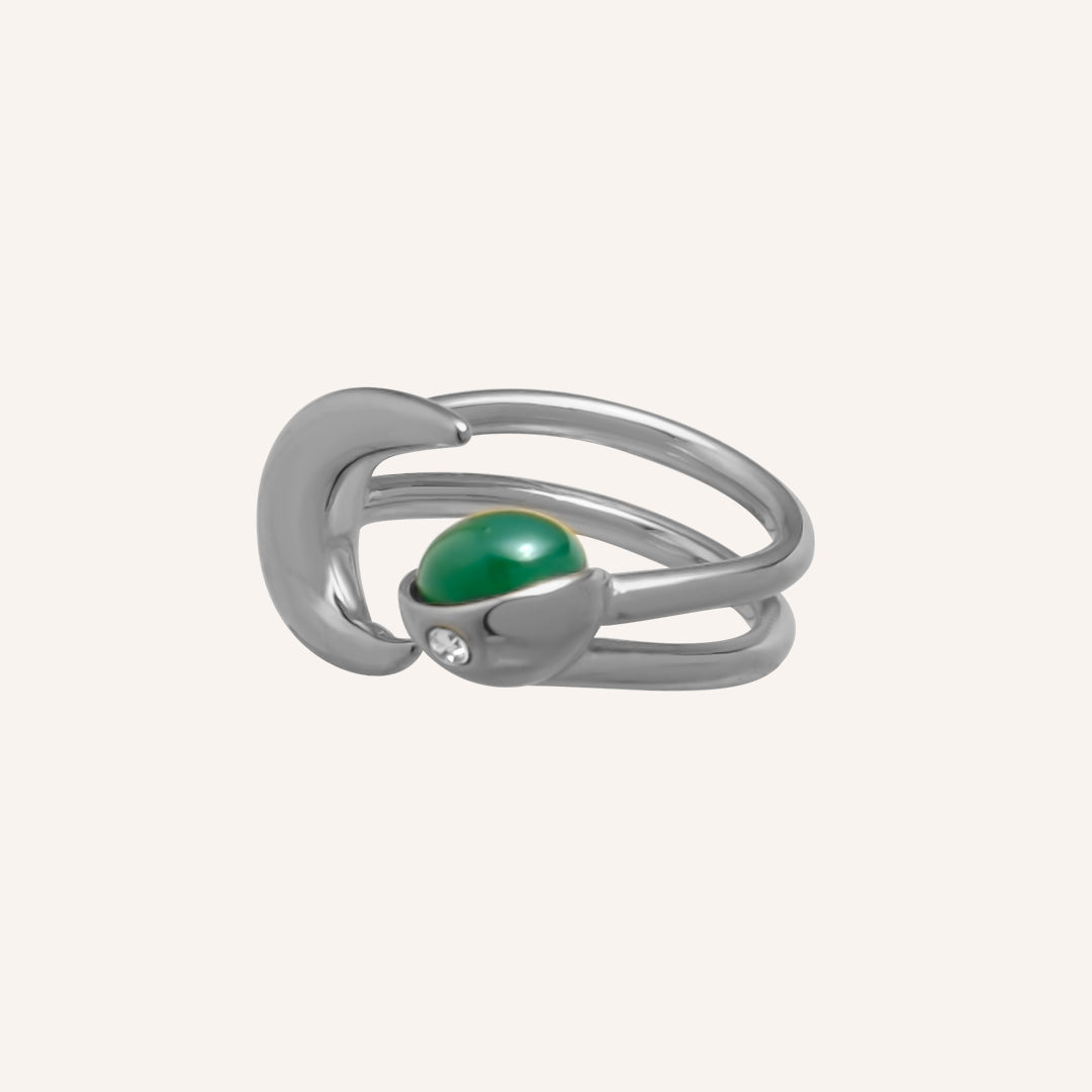 Noreen Green Glass Moon Ring - Silver