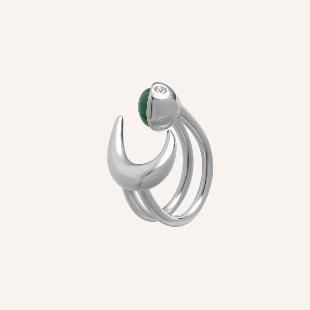 Noreen Green Glass Moon Ring - Silver