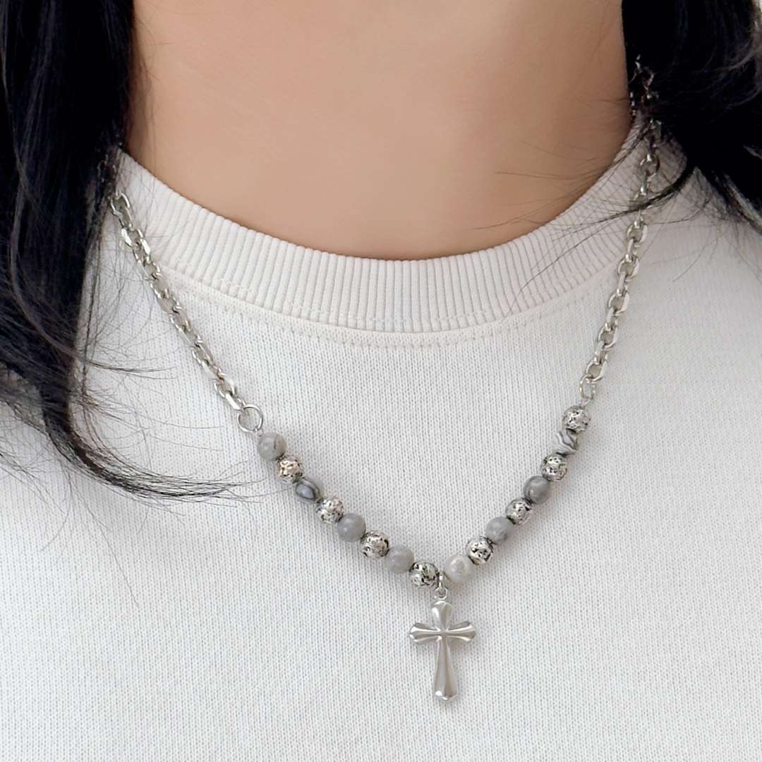 Fabio Hybrid Bead Cross Necklace (Grey) - BLFX
