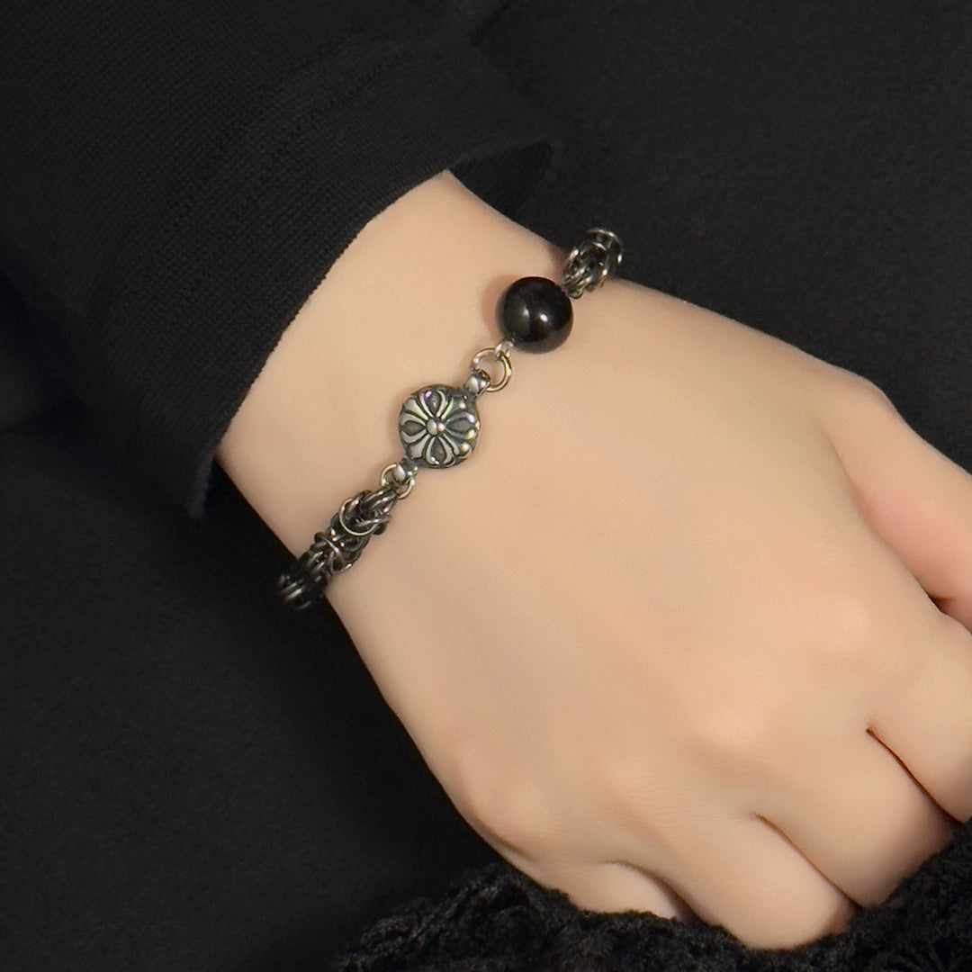 Arjun Black Agate Chrome Bead Chain Bracelet