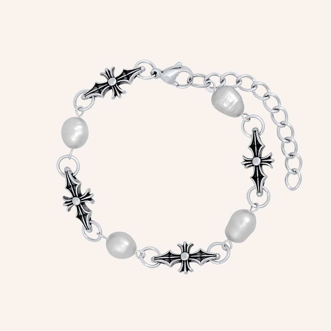 Avi Pointy Chrome Cross Bracelet - Pearl