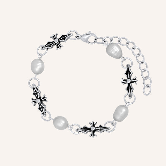 Avi Pointy Chrome Cross Bracelet - Pearl