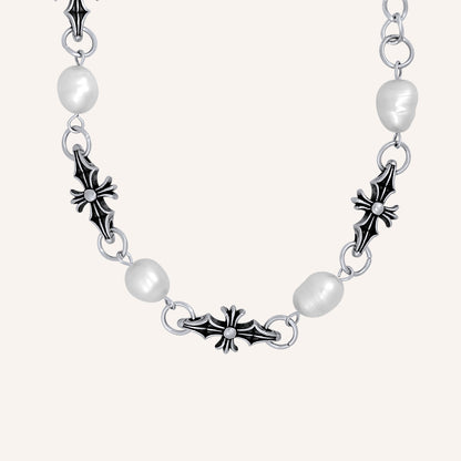 Avi Pointy Chrome Cross Bracelet - Pearl