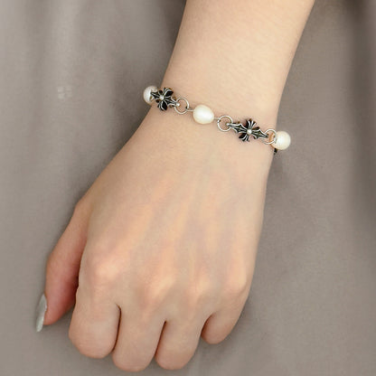 Avi Pointy Chrome Cross Bracelet - Pearl