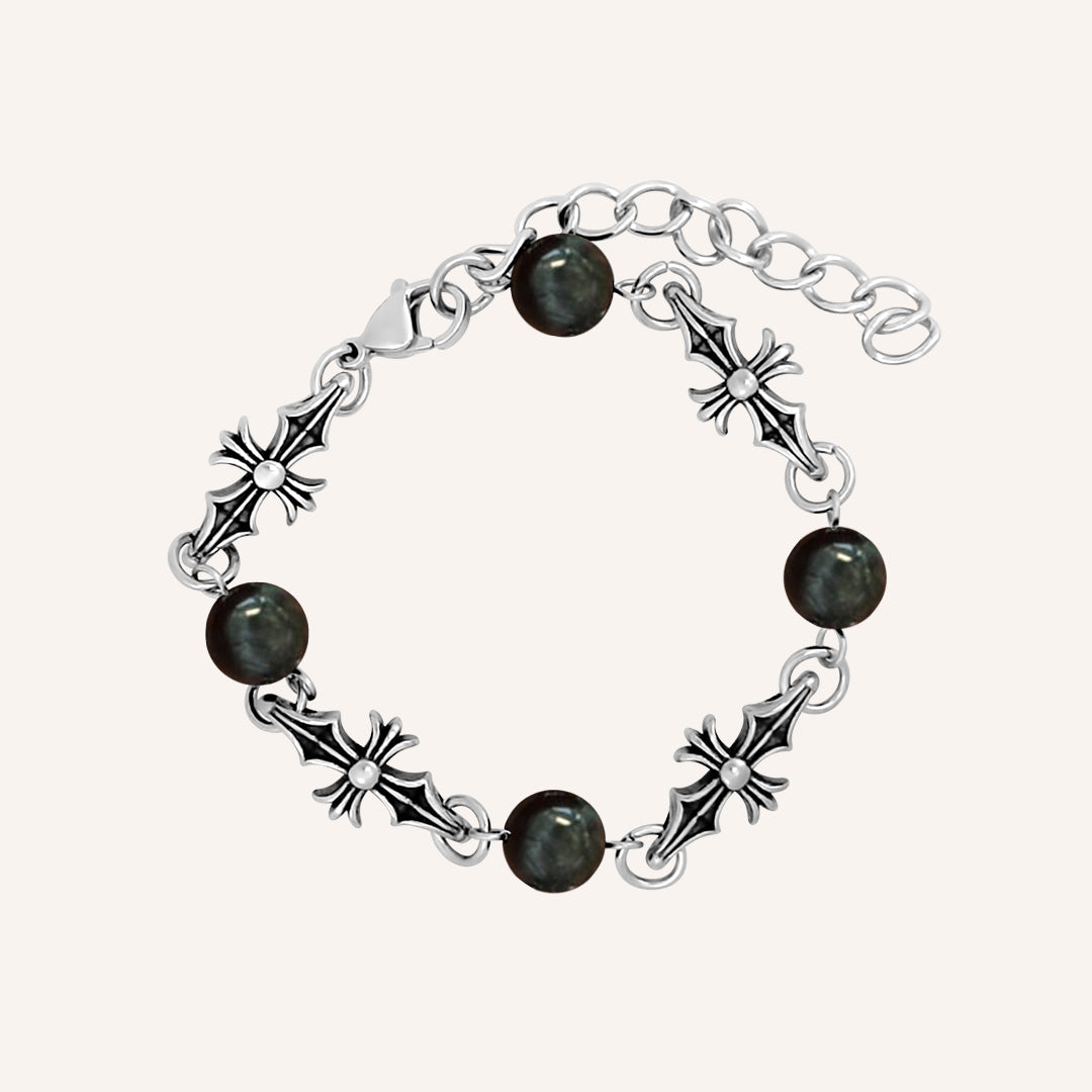 Avi Pointy Chrome Cross Bracelet - Black Blue Tiger Eye