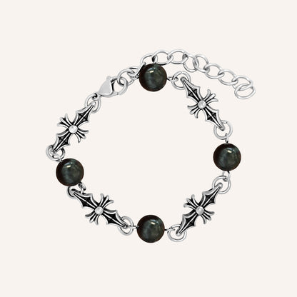 Avi Pointy Chrome Cross Bracelet - Black Blue Tiger Eye