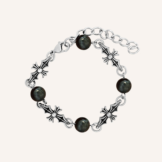 Avi Pointy Chrome Cross Bracelet - Black Blue Tiger Eye
