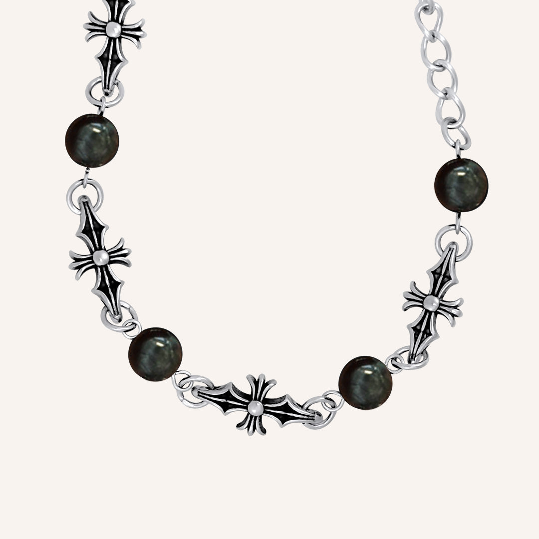 Avi Pointy Chrome Cross Bracelet - Black Blue Tiger Eye