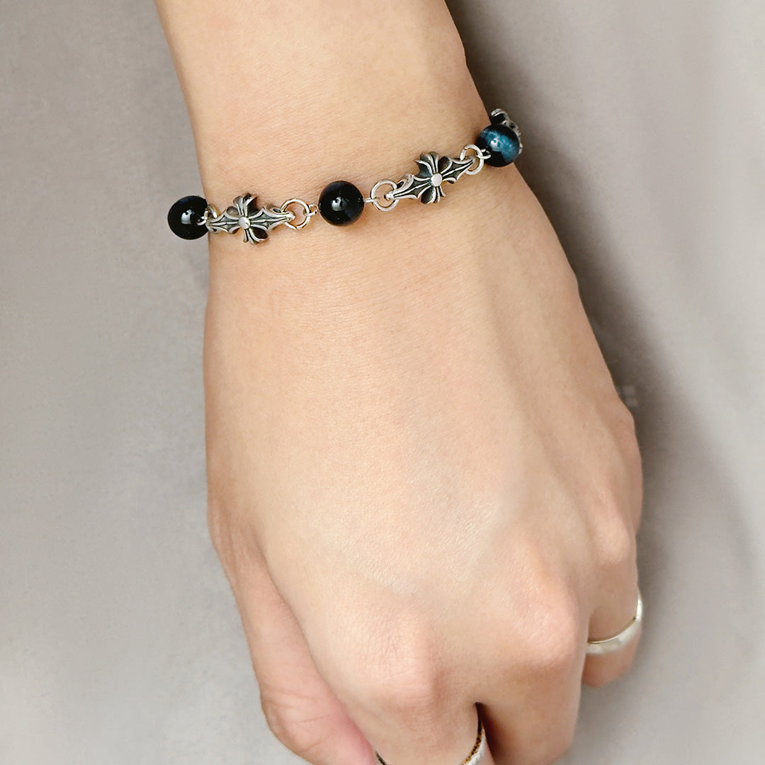 Avi Pointy Chrome Cross Bracelet - Black Blue Tiger Eye
