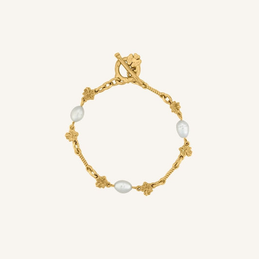Camellia Flower Pearl Toggle OT  Bracelet (Gold)