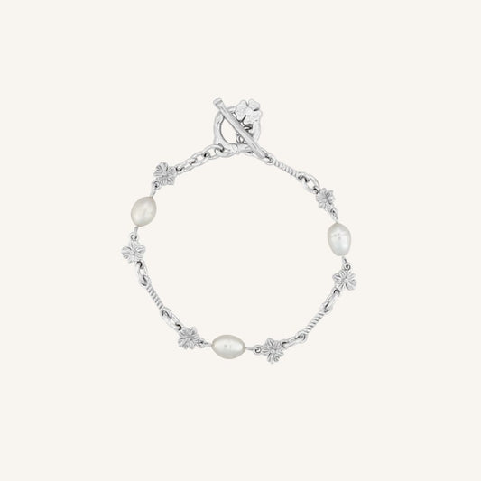 Camellia Flower Pearl Toggle OT Bracelet (Silver)