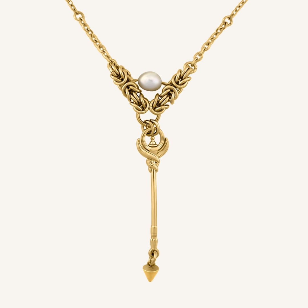 Cipher Wand Chainmail Pearl Necklace (Gold)
