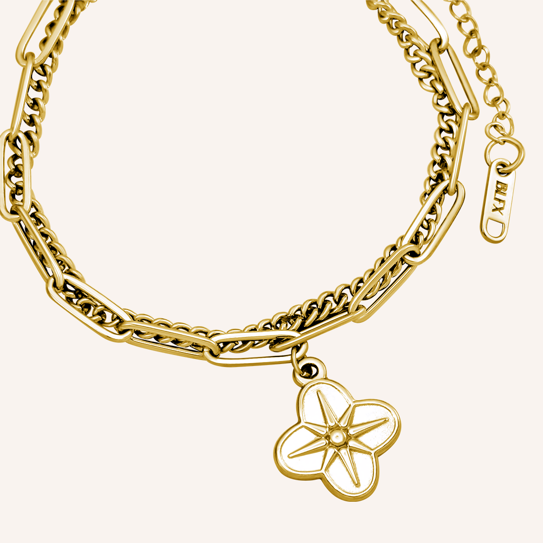 Clover Star Layered Chain Link Bracelet - Gold