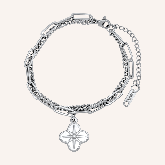 Clover Star Layered Chain Link Bracelet - Silver