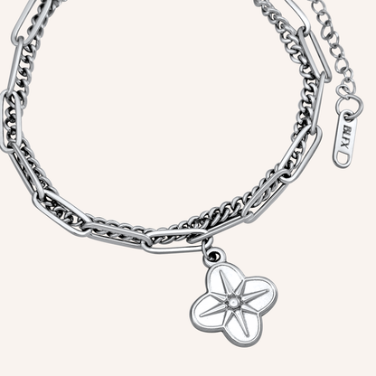 Clover Star Layered Chain Link Bracelet - Silver