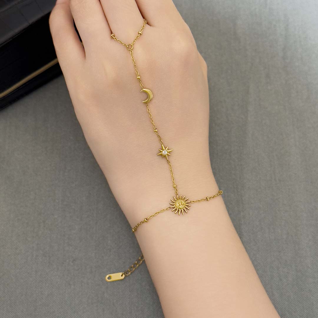 Eilee Moon and Star Hand Chain Bracelet - Gold