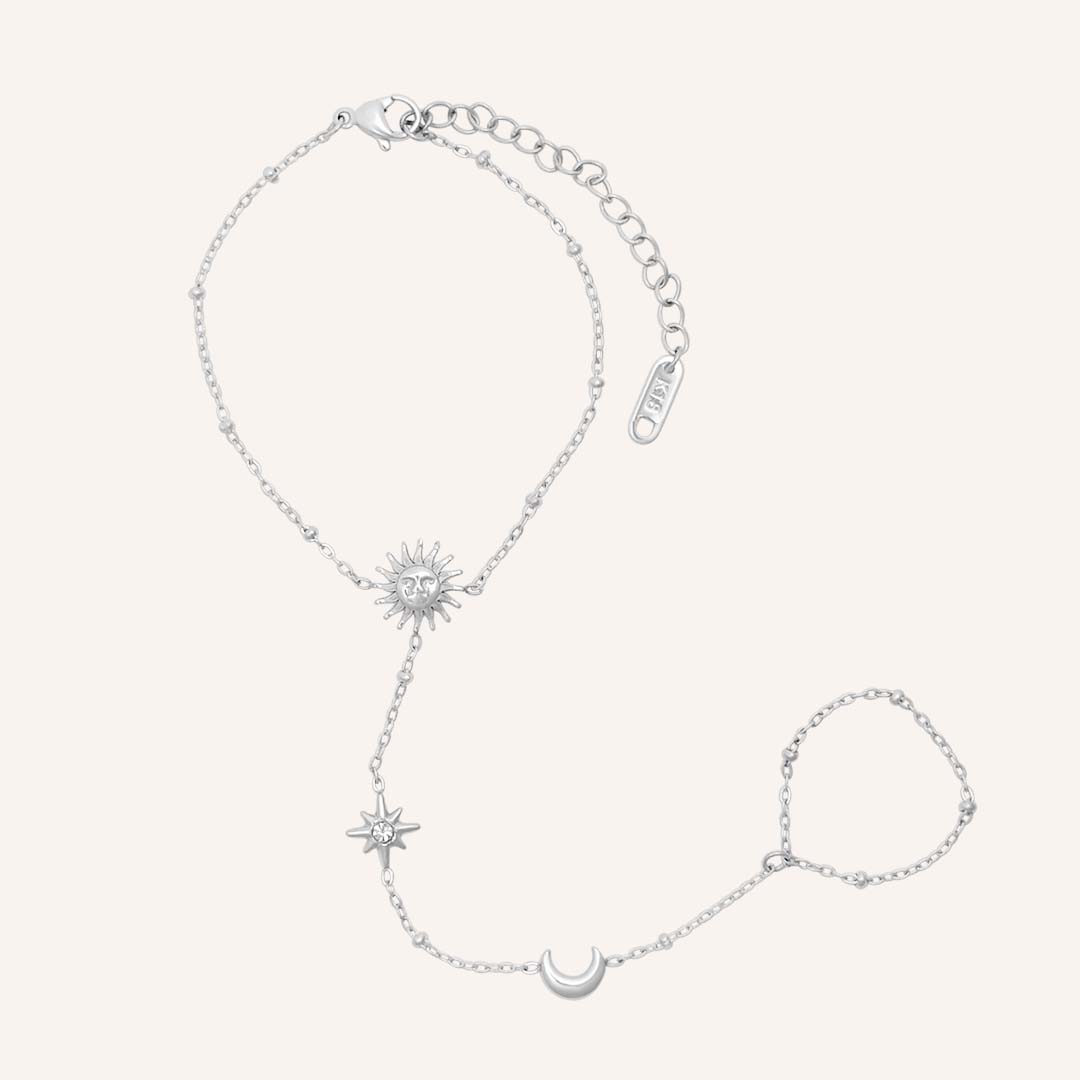 Eilee Moon and Star Hand Chain Bracelet - Silver