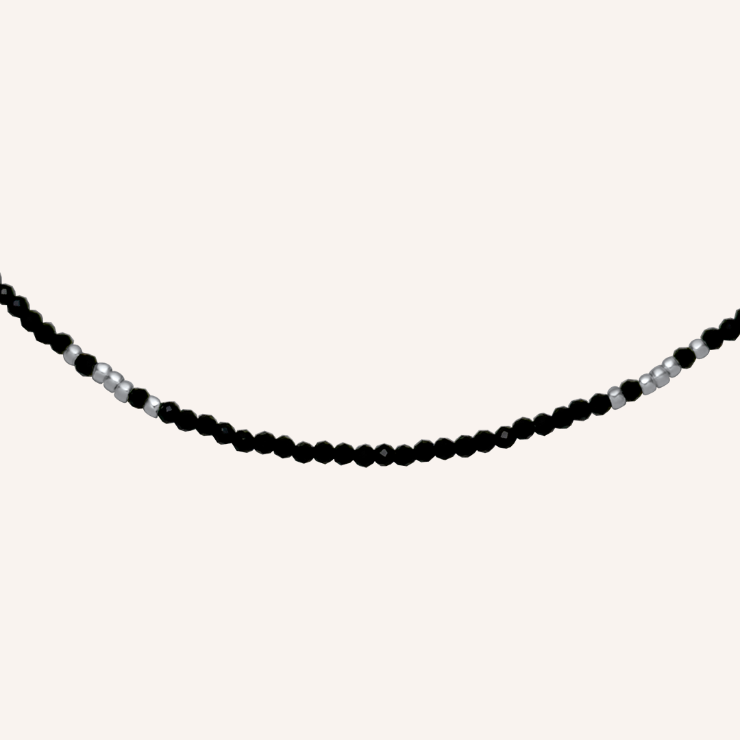 Emerson Black Bead Necklace - Silver