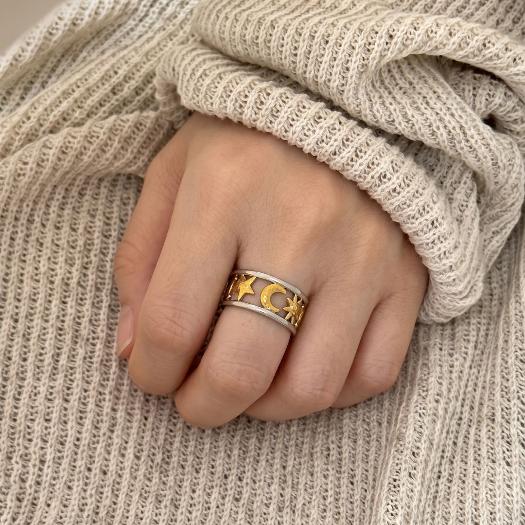 Erosia Moon Star Duo Tone Ring
