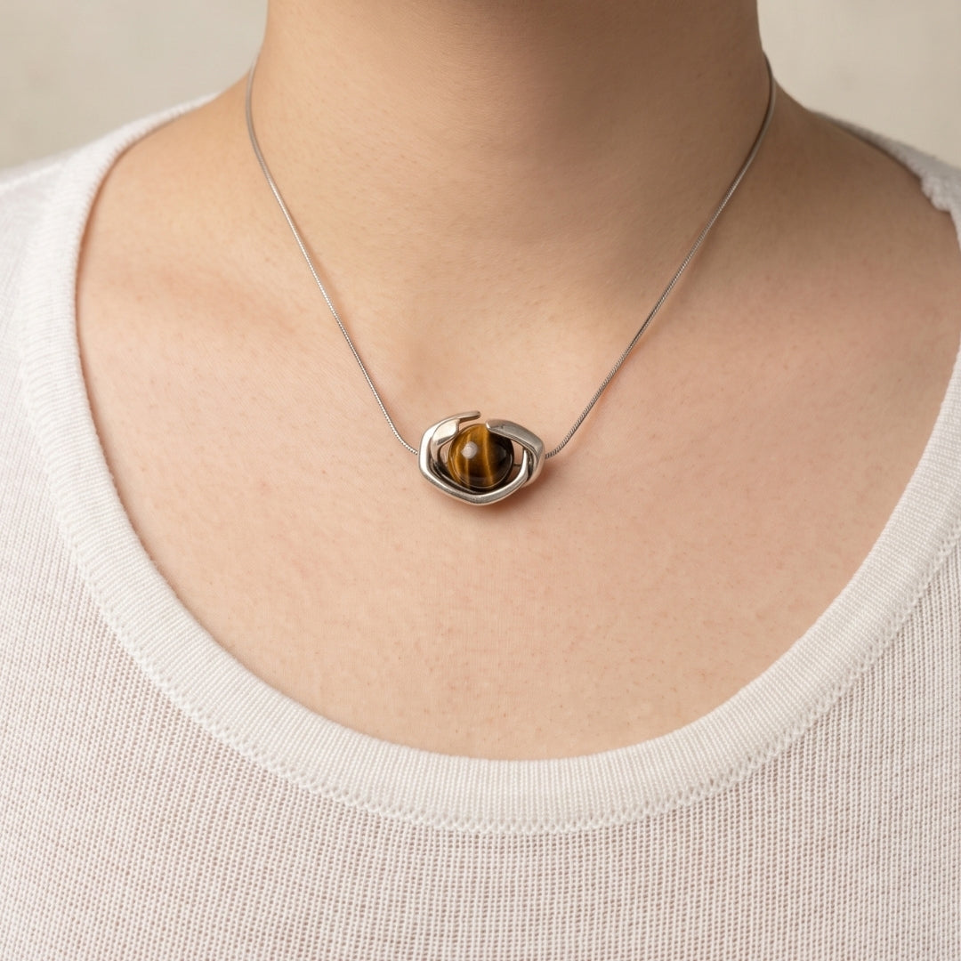 Galvin Brown Tiger Eye Wrap Necklace (Silver)