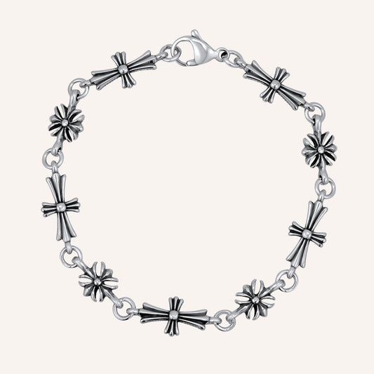 Garnet Cross and Chrome Bead Bracelet