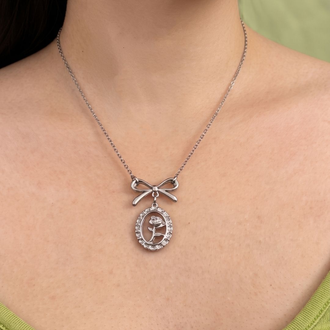 Grier Rose and Bow Necklace (Silver)