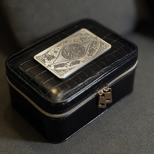 Black jewelry box with a playing card design on a gray background