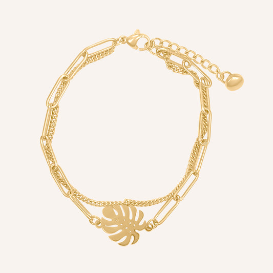 Kristian Monstera Leaf Layered Chain Bracelet - Gold