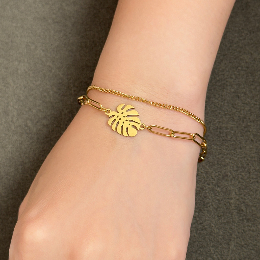 Kristian Monstera Leaf Layered Chain Bracelet - Gold