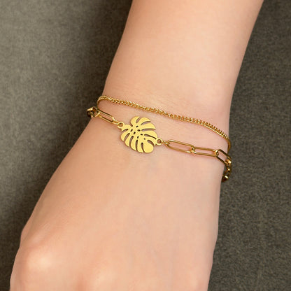 Kristian Monstera Leaf Layered Chain Bracelet - Gold