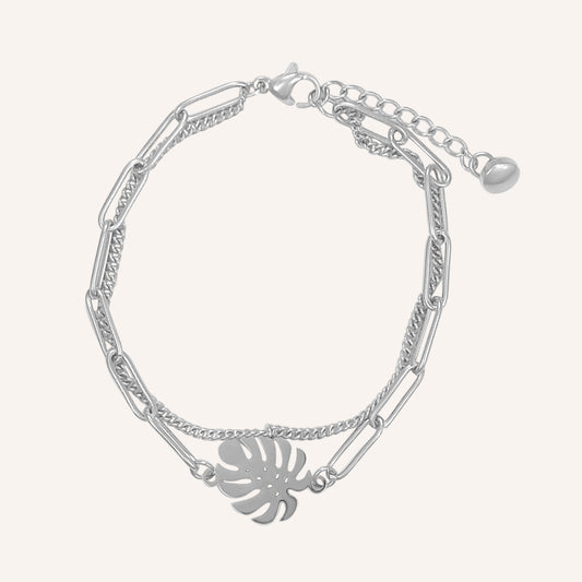 Kristian Monstera Leaf Layered Chain Bracelet - Silver
