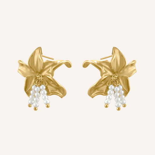 Margo Lily Flower Pearl Drop Stud Earring