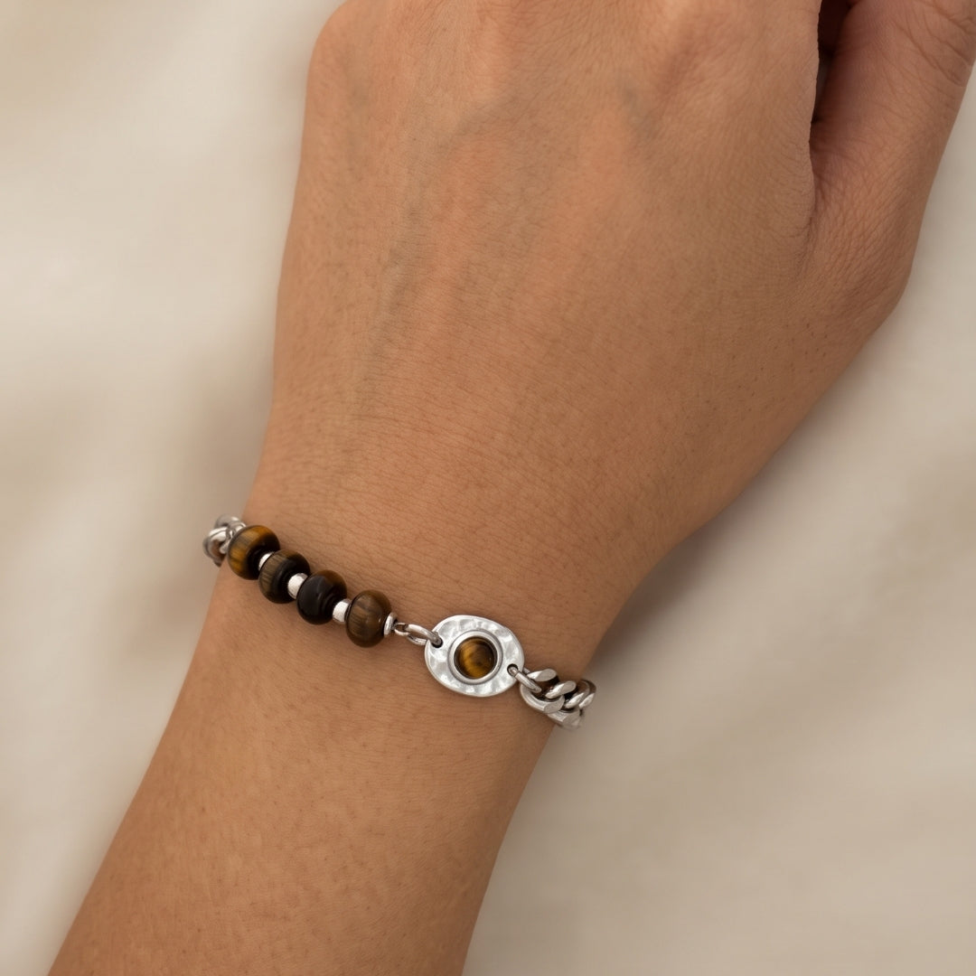 Murmur Brown Tiger Eye Hybrid Bracelet (Silver)