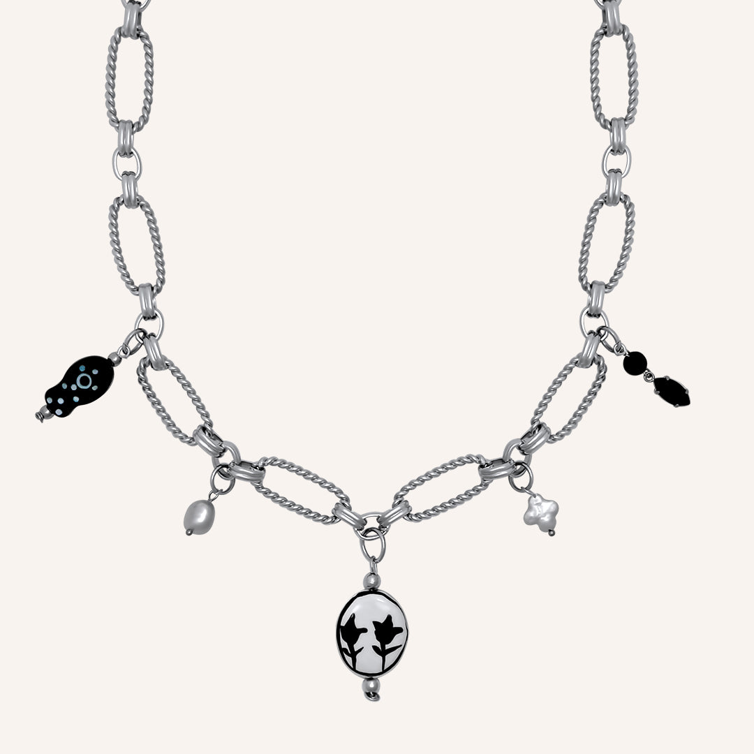 Nellwyn Porcelain and Pearl Chain Necklace - Silver Black