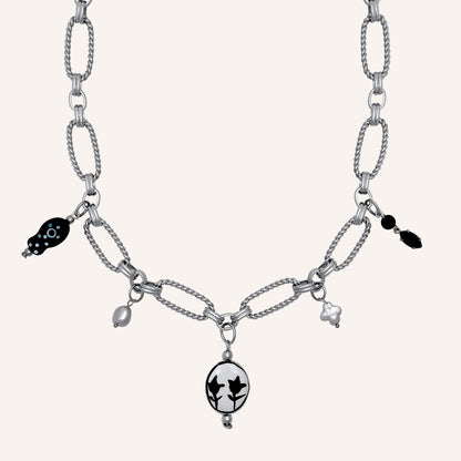 Nellwyn Porcelain and Pearl Chain Necklace - Silver Black