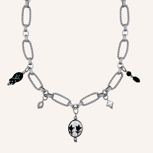 Nellwyn Porcelain and Pearl Chain Necklace - Silver Black