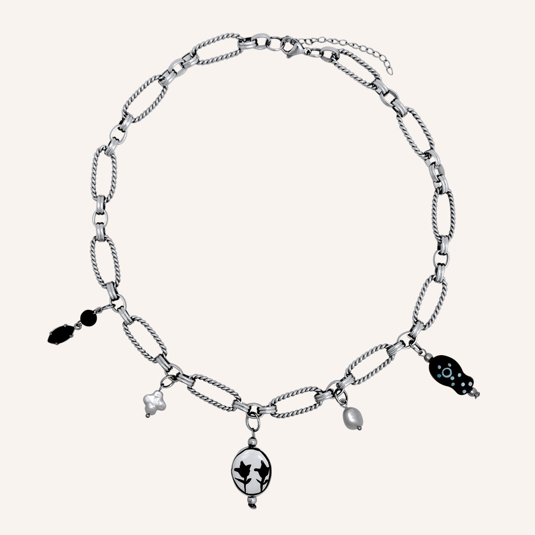 Nellwyn Porcelain and Pearl Chain Necklace - Silver Black