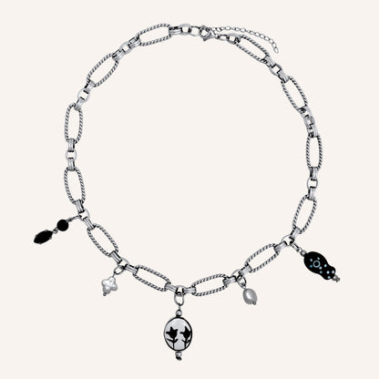 Nellwyn Porcelain and Pearl Chain Necklace - Silver Black