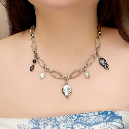 Nellwyn Porcelain and Pearl Chain Necklace - Silver Black