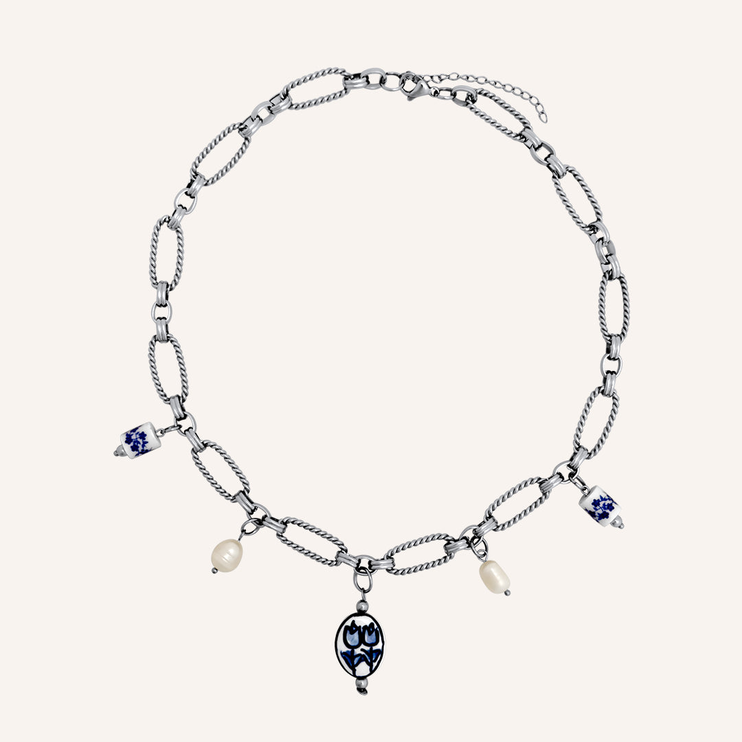 Nellwyn Porcelain and Pearl Chain Necklace - Silver Blue