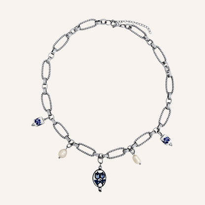 Nellwyn Porcelain and Pearl Chain Necklace - Silver Blue