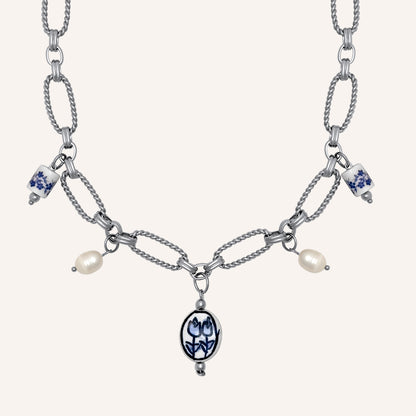 Nellwyn Porcelain and Pearl Chain Necklace - Silver Blue