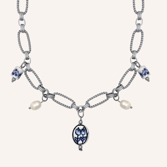 Nellwyn Porcelain and Pearl Chain Necklace - Silver Blue