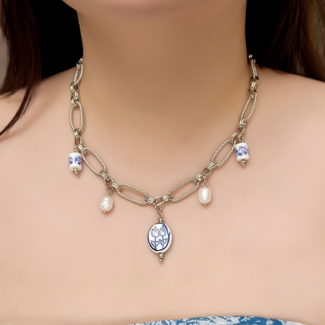 Nellwyn Porcelain and Pearl Chain Necklace - Silver Blue